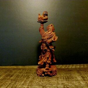 Intricate Wooden Chinese Sculpture Boxwood Budda With Dog
